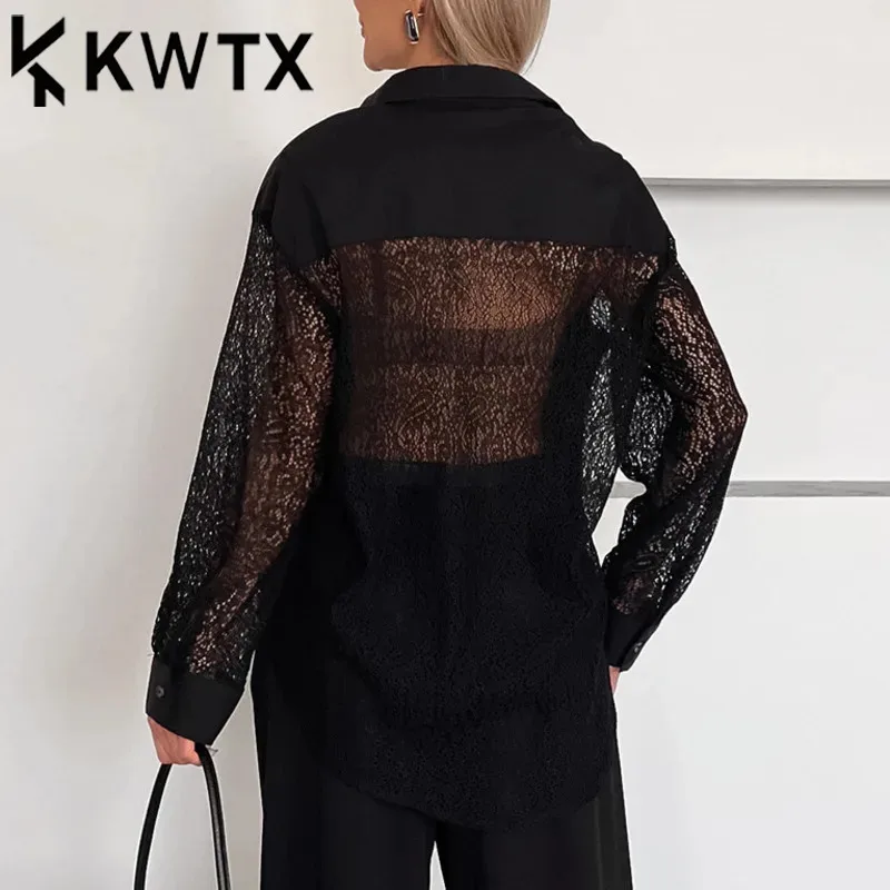 

Женская новая блузка-рубашка оверсайз с кружевными вставками, отложным воротником, на пуговицах, с длинными рукавами, прозрачными деталями, повседневная, уличная, офисная, элегантная