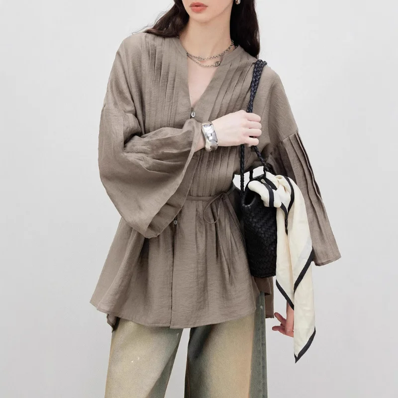 Spring Pleated V-neck Shirts Women Loose Niche Blouses Light Thin Cardigan Jacket Literary Retro Clothing White Linen Gray Tops