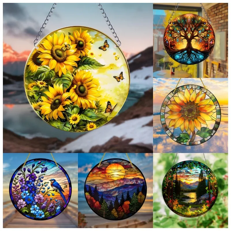 Sunflower Sun Catcher Stained Round Acrylic Hanging Decoration Suitable for Window Suncatcher Door