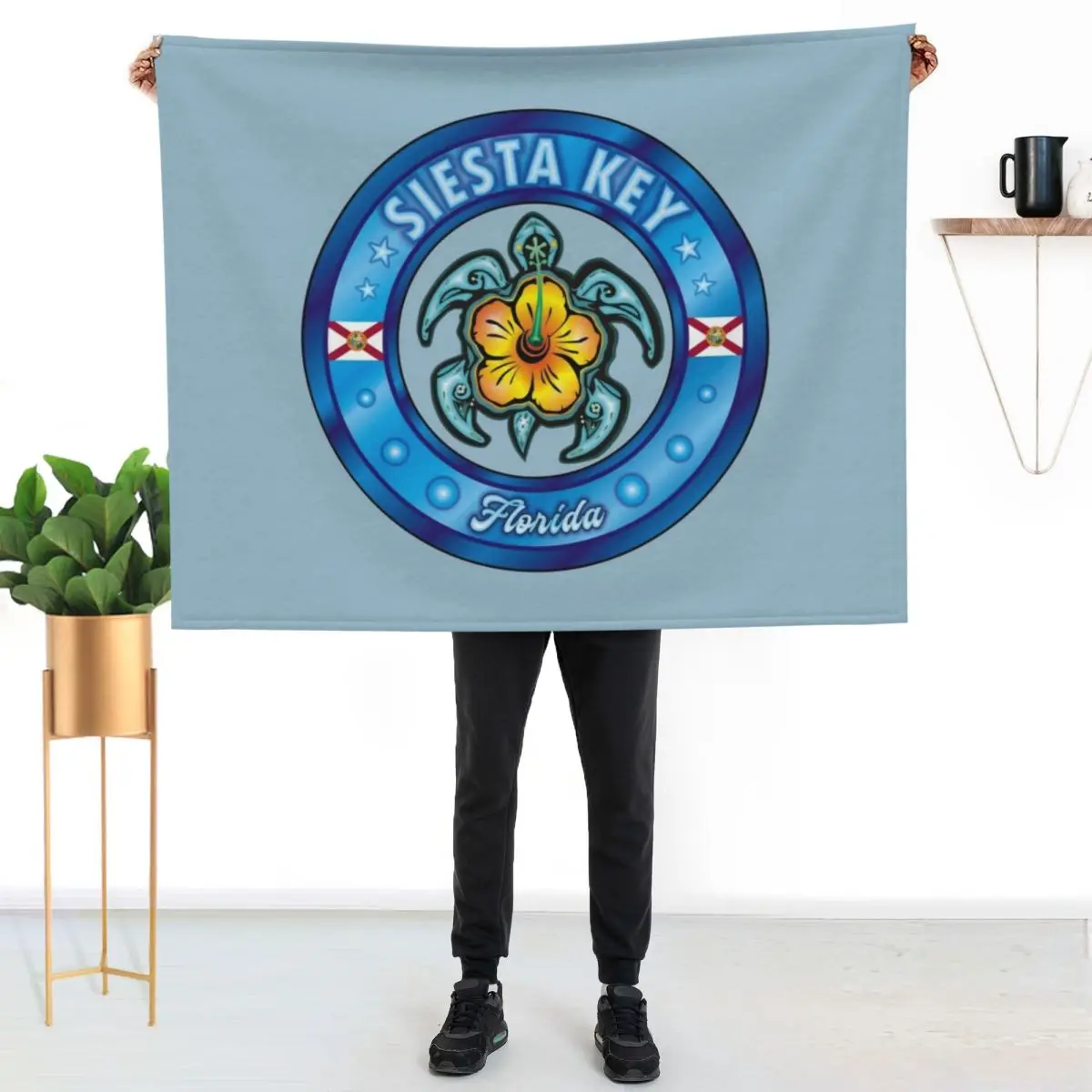 Siesta Key Florida sea turtle hibiscus Throw Blanket Travel Size Cozy Blanket for Plane Train