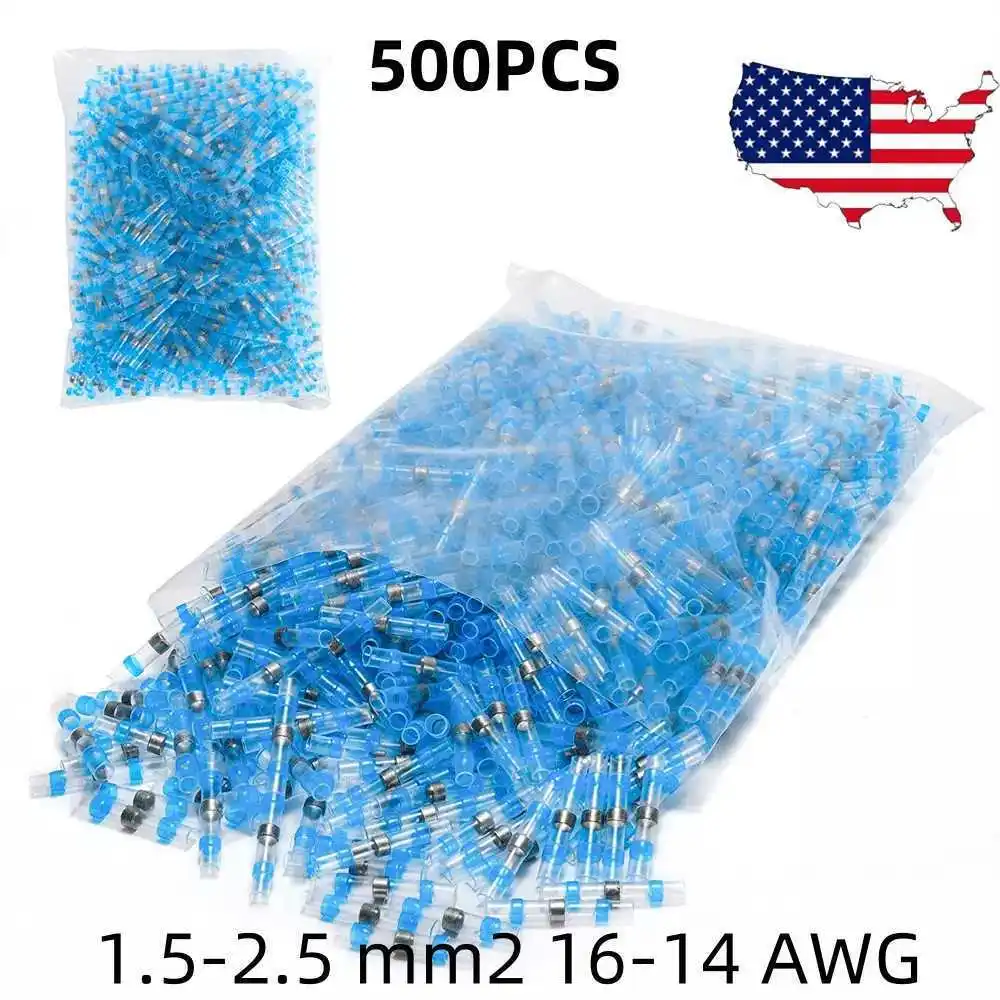 500Pcs Solder Seal Heat Shrink Sleeve Wire Butt Terminals Connectors 16-14AWG