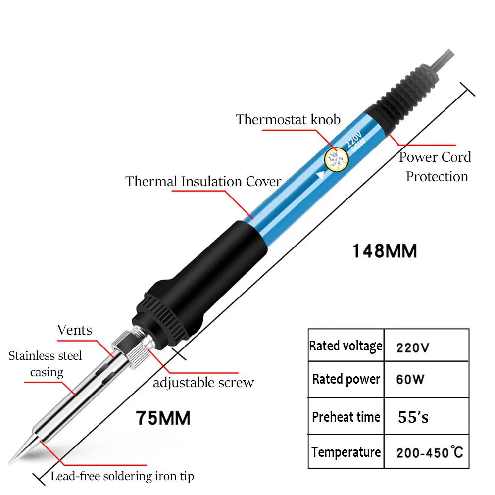 온도 조절 가능 전기 납땜 다리미, 전기 납땜 다리미 세트, 용접 납땜 수리 도구, 220V, 110V, 60W