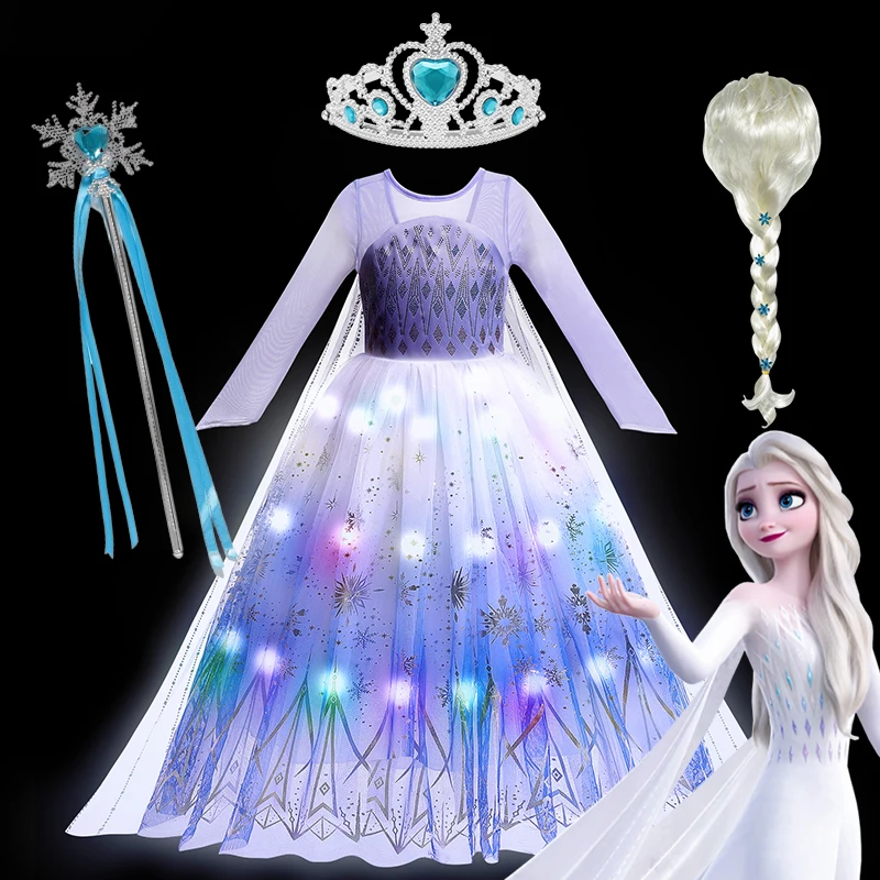 

Kids Cosplay Party Clothing Baby Carnival Halloween Costume Prom Gown Disney Frozen Elsa LED Light Up Princess Dress For Girls