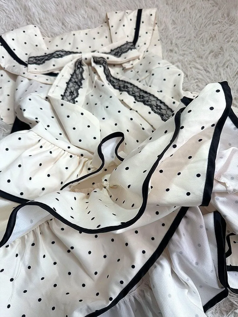 Robe douce imprimée à points ondulés pour femmes, col marin Y2k, robes de gâteau avec nœud, taille fine, nouvelle collection été 2025