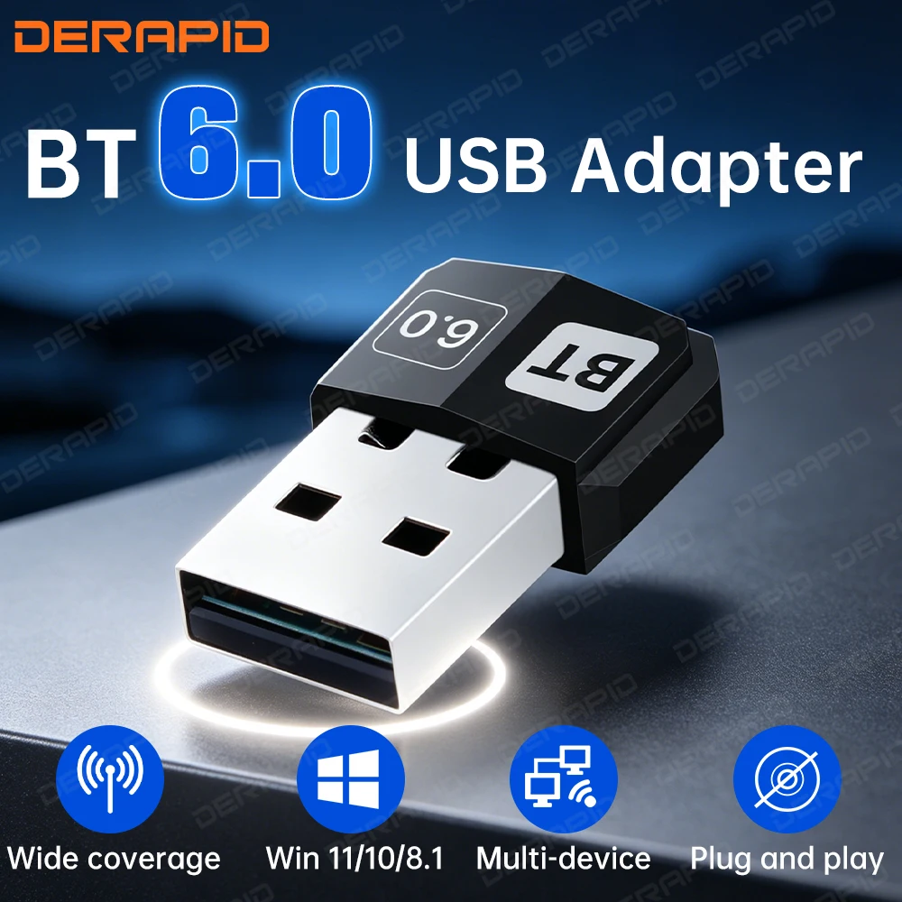 

USB Bluetooth 6.0 адаптер Mini BT6.0, не требующий драйверов, Plug & Play для Windows 10/11, ПК, настольных и портативных компьютеров, беспроводной аудиопередатчик с высоким коэффициентом усиления