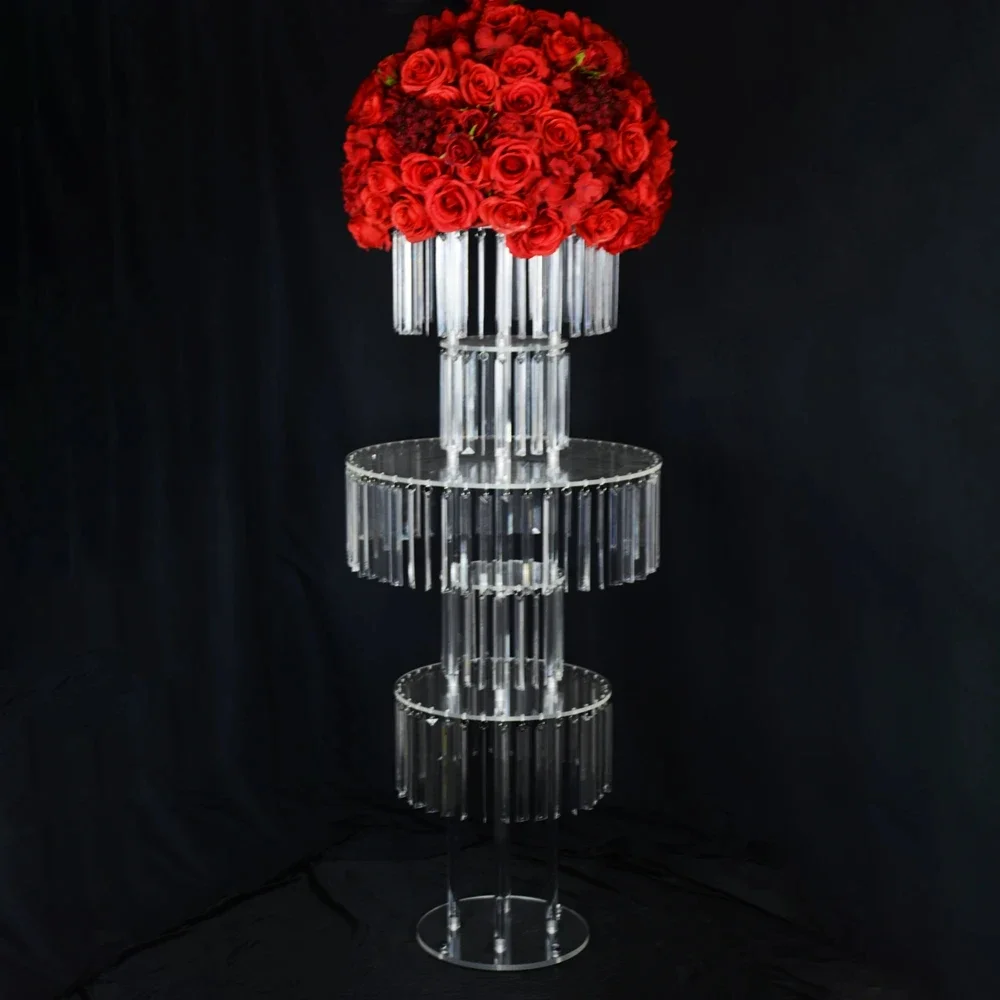 5-stufiger runder Kronleuchter-Ständer, Acryl-Vase, Hochzeits-Centerpieces, Kristall-Blumenständer mit hängenden Kristallen für Partydekorationen – Detail 3