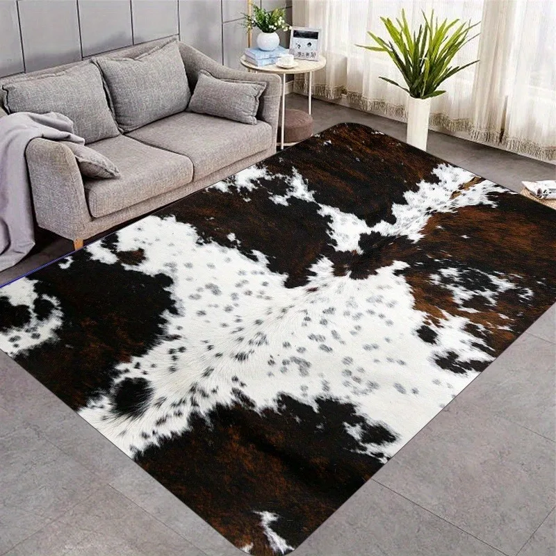 Faux Cowhide Pattern Area Rug Natural Texture Home Decor Living Room Bedroom Floor Carpet Retro Rustic Style Multiple Designs
