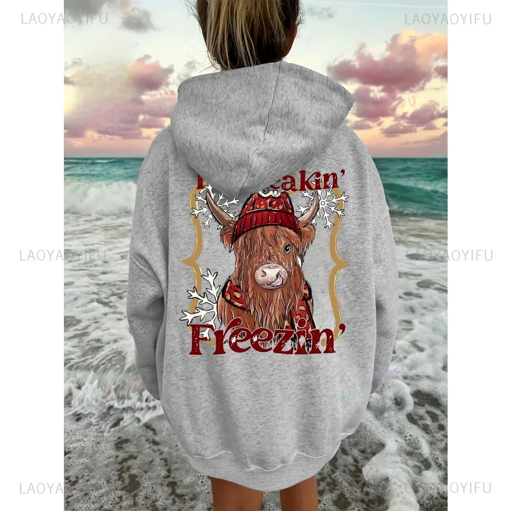 Cute Highland Cow Print Hoodie with Drawstring Casual Polyester Sweatshirt with Hood Alphabet & Animal Pattern Pocket Detail