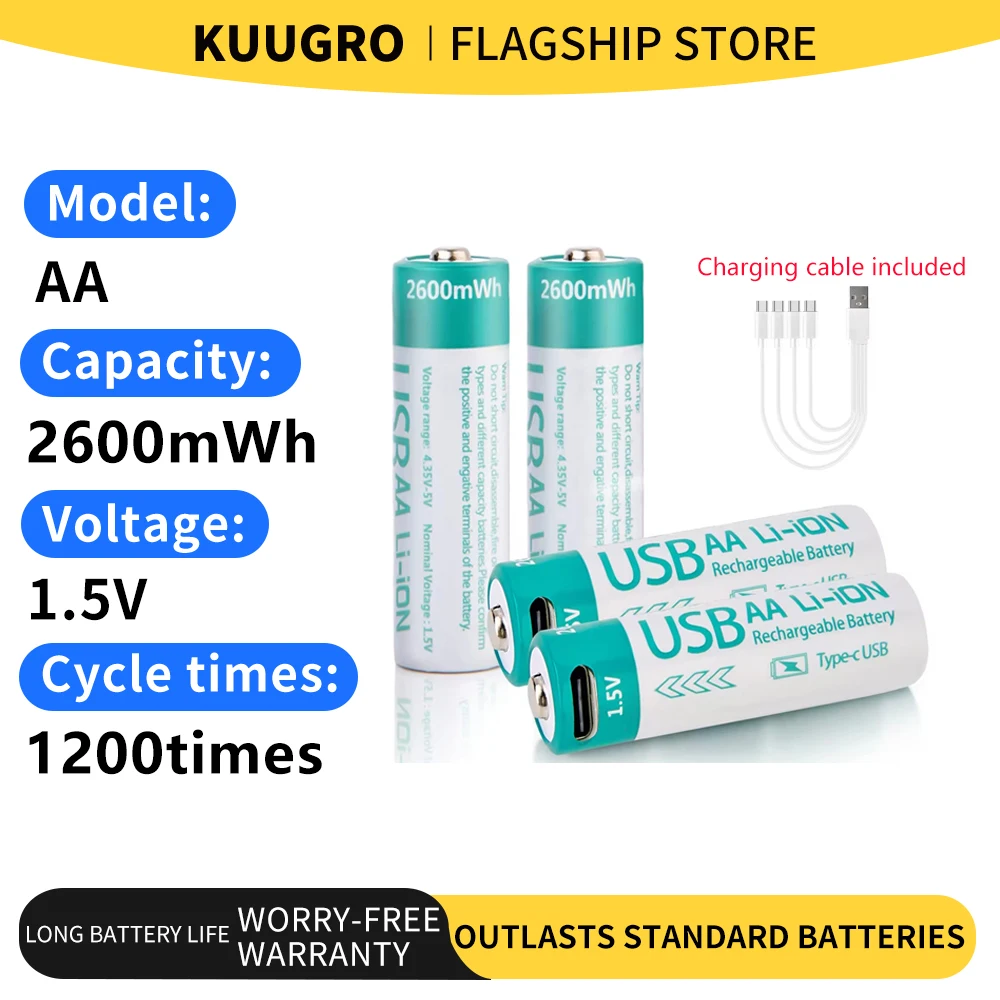 

kuugro USB 1.5V 2600mWh AA Rechargeable Battery Type-C Rechargeable aa Lithium Battery for Remote Control Electric Toys Mouse