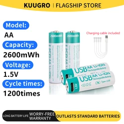 kuugro 1.5V 2600mWh AA Rechargeable Battery USB Type-C Rechargeable aa Lithium Battery for Remote Control Electric Toys Mouse