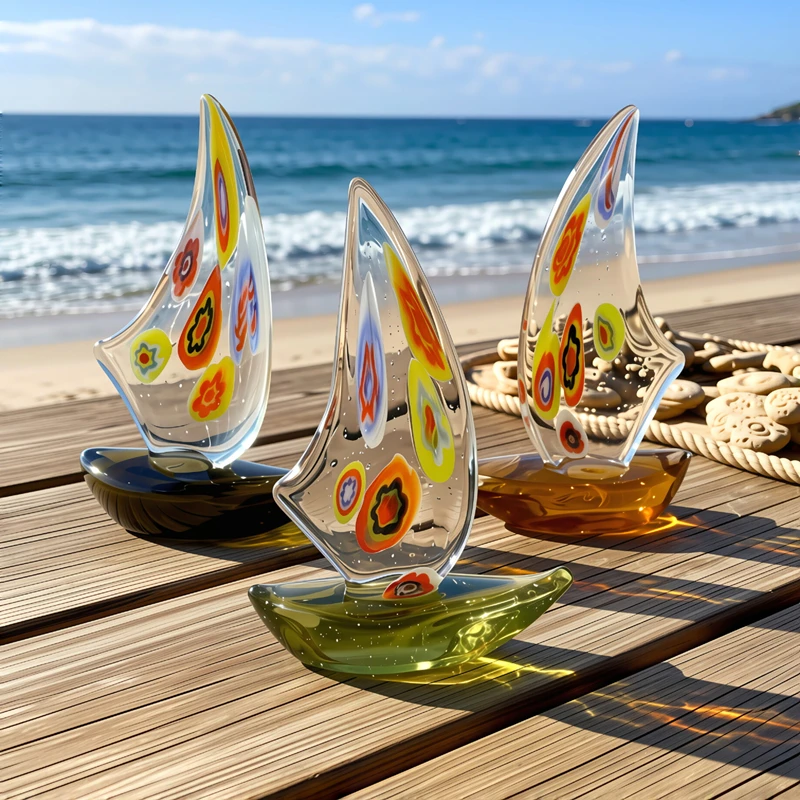 Murano Glass Sailboat Model Ornament - Cute Miniature Boat Figurine for Home Desk Room Decor Collection Holiday New Year Gifts