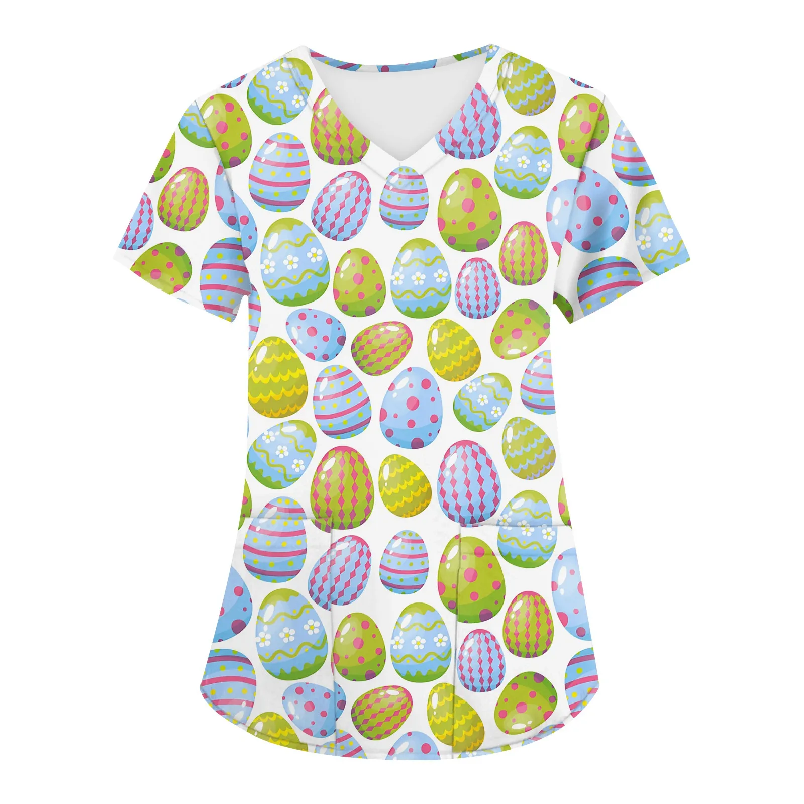 Easter Eggs Print Scrubs Top For Womens Short Sleeve V Neck Nurse Uniform Blouse With Pockets Easter T-Shirt Nursing Working Top