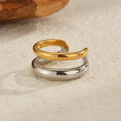 Seakissky Fashion Gold Silver Mixed Color Double-layer Open Ring Stainless Steel Unique High-quality Jewelry Gifts For Women Men