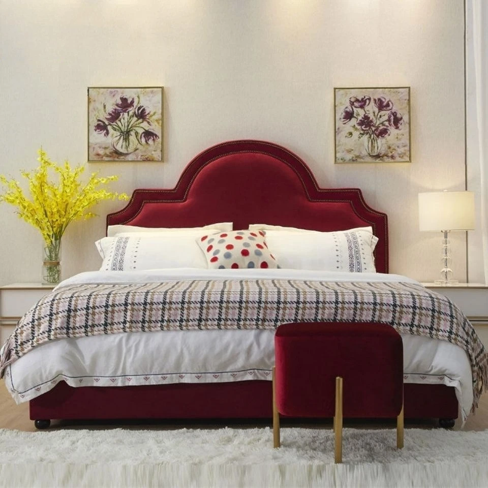 Nordic fabric bed, simple burgundy, light luxury small apartment master bedroom Internet celebrity bed