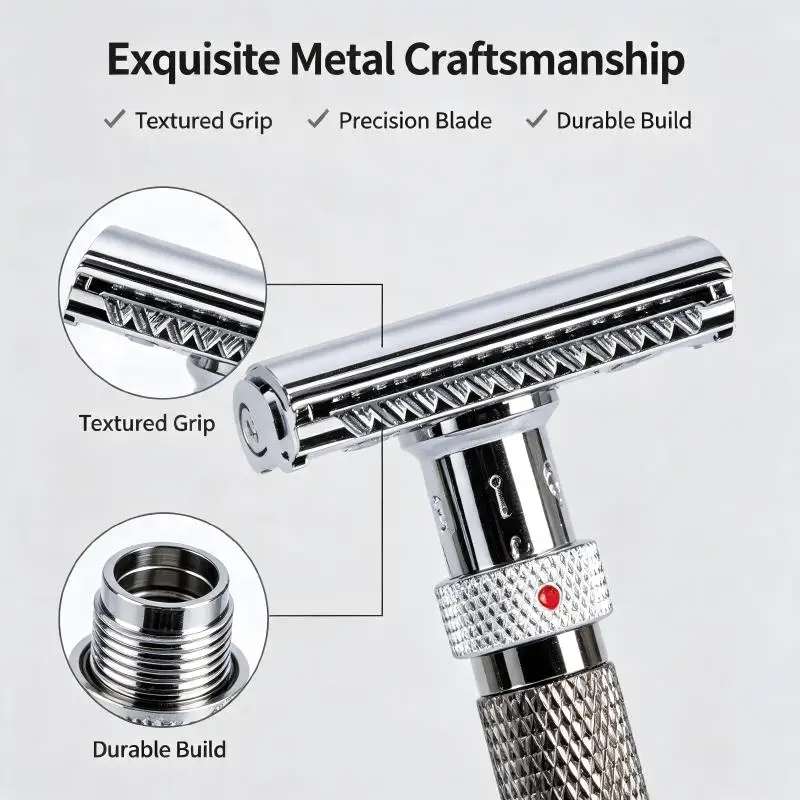 YAQI Adjustable Safety Razor Metal Knurled Handle Double Edge Shaving Razor Classic Vintage Manual Shaver for Men Daily Beard