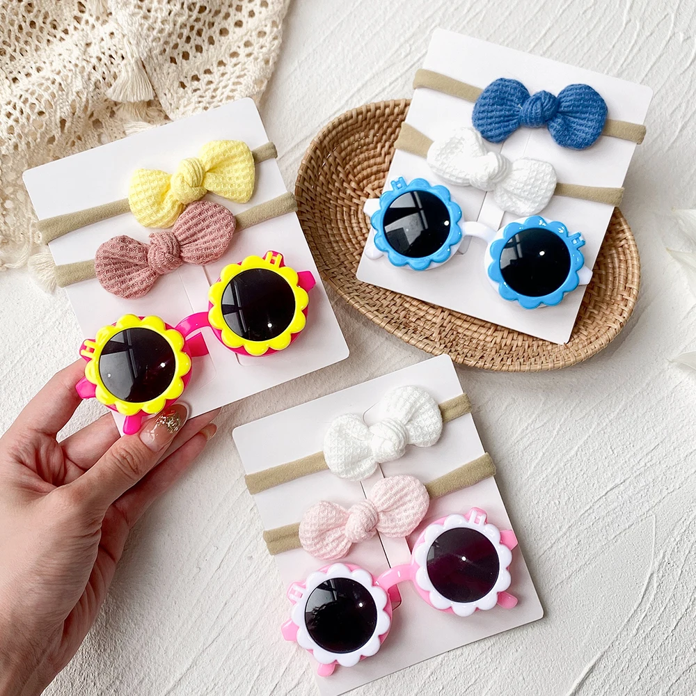 2/3Pcs/set Baby Bows Headband Cartoon Sunglasses Girls Beach Photography Props Toddler Hair Bands Headwear Kids Hair Accessories