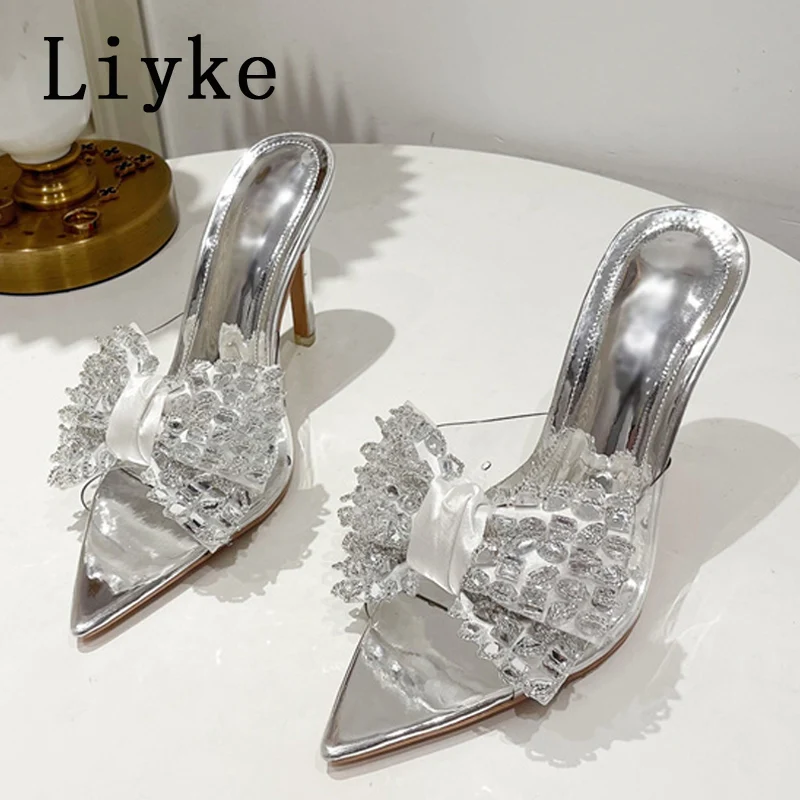 Liyke buty na cienkich wysokich obcasach kobiety kapcie moda kryształ Bowknot PVC przezroczyste sandały Sexy Pointed Toe letnie buty na imprezę bal