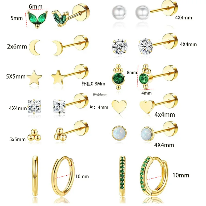 Fashion Earrings Set Crystal green Zircon Cartilage Piercing Women Stainless Steel Spiral Tragus Stud Earring Body Jewelry