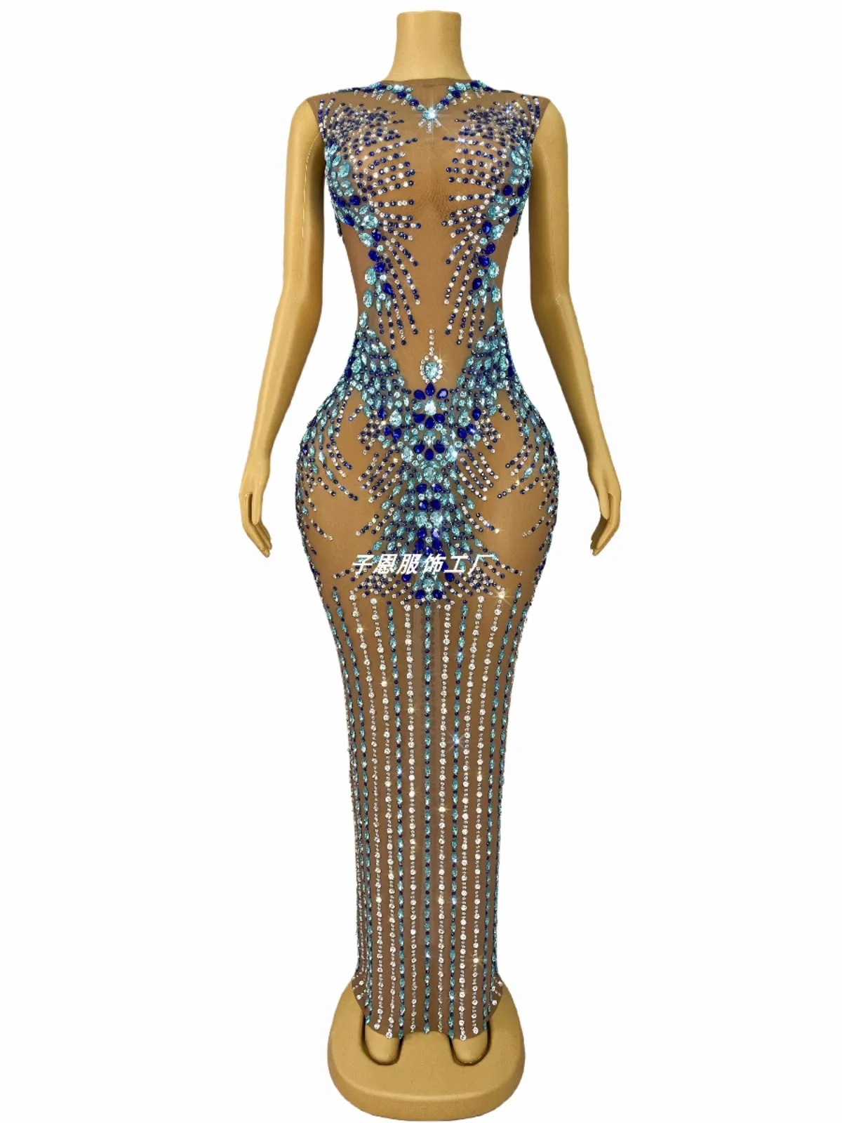 Sexy see-through gauze sparkling rhinestone temperament long dress party fashion show dress costume