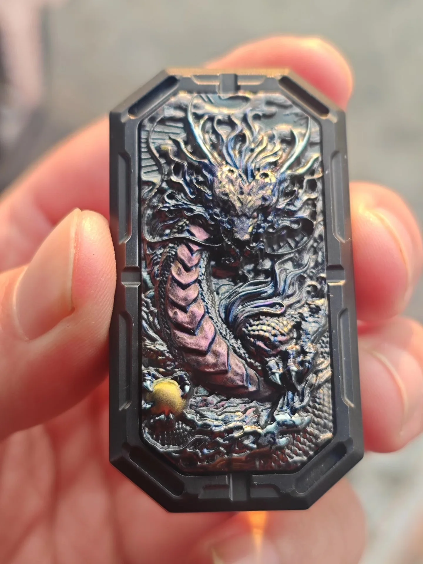Used EDC Liu's Rules 1.0 Steel Black-plated Paragraph Push Card Out of Print Zirconium Color Dragon and Phoenix Patch