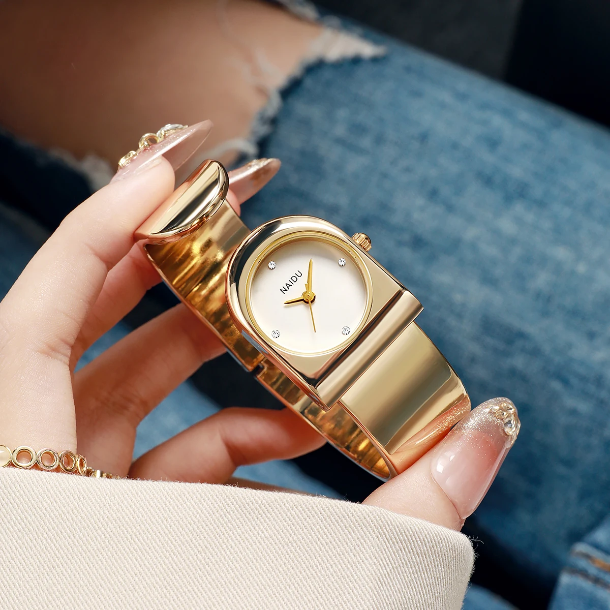 Women's Bangle Cuff Watch Asymmetric Open Bracelet Rhinestone Markers Minimalist Dress Wristwatch Jewelry Gift