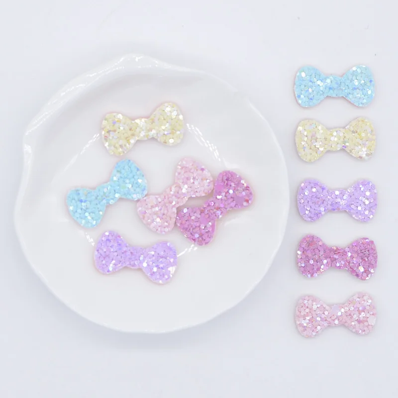 50Pcs 24*12mm Glitter Color Bow Tie Applique for Crafts Sticker Supplies DIY Headwear Hair BB Clips Decor Accessory Patches