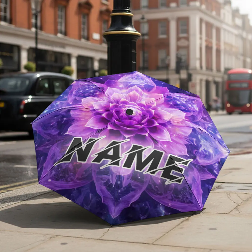 Custom Name umbrella, Mystical Purple Lotus Galaxy Umbrella Design Fashion Folding Umbrella for Daily Use, Christmas Gift