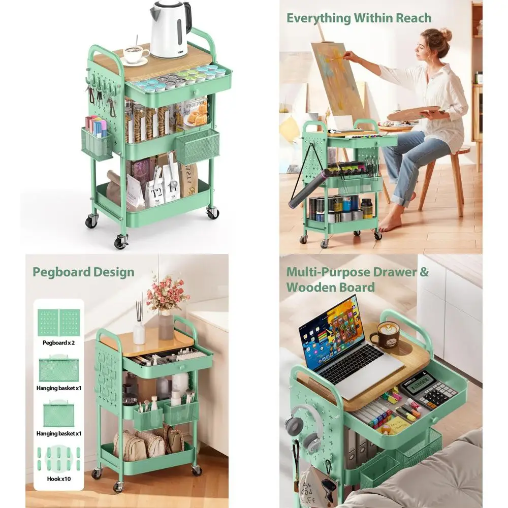 

3-Tier Metal Cart with Drawer & Wood Top, Rolling Utility Storage with Pegboards, Baskets, Hooks for Home & Office