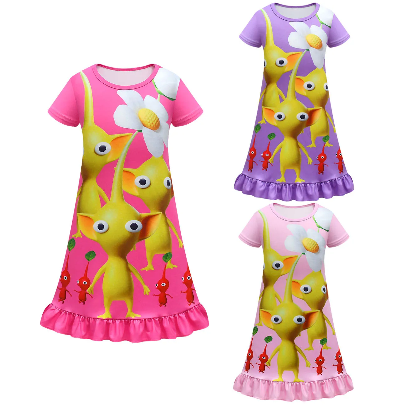 Kids Girls Anime Cartoon Alien Print Short Sleeves Princess Dress Outfit Christmas Role Play Halloween Cosplay Costume