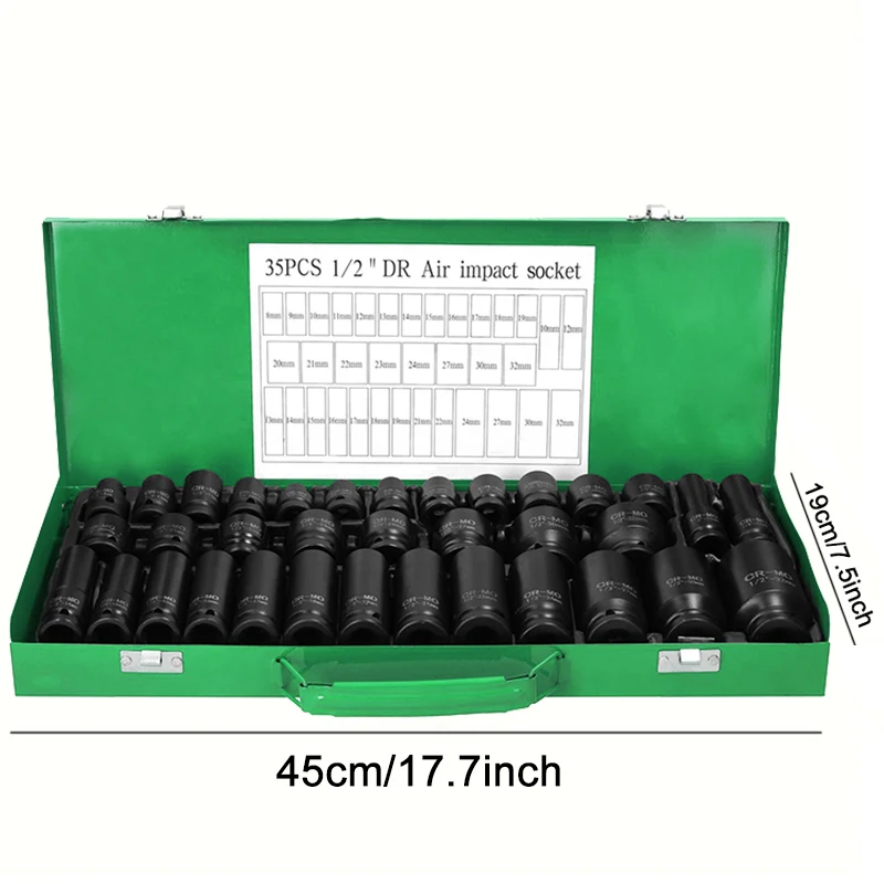 35pcs Professional Heavy-Duty 1/2" Pneumatic Tool Kit with Air Gun, Hex Extensions, Rotary Tools & Impact Socket Set
