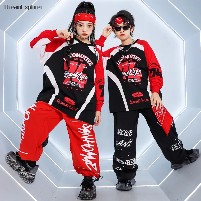 

Boys Hip Hop Streetwear Girls K-pop Vest Contrast Sweatshirt Cargo Pants Kids Street Dance Clothes Sets Children Jazz Costumes