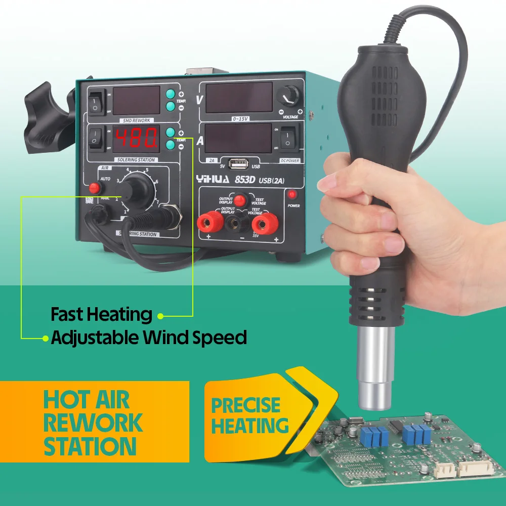 YIHUA 853D 2A USB Rework Station แหล่งจ่ายไฟหัวแร้ง Hot Air Desoldering Gun การประสาน Station ซ่อมโทรศัพท์เครื่องมือ