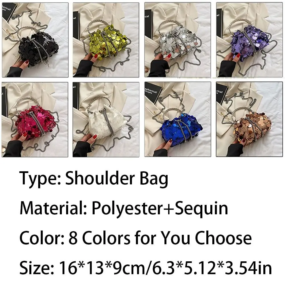 Mini Sequin Shoulder Bag Fashion Bucket Shiny Handbags Tassel Underarm Chain Crossbody Bags with Round Handle for Women Girl