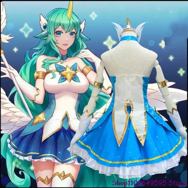 DY20Game LOL Star Guardian of Soraka Cosplay Costume The Starchild Wig Ears Horn Anime Lolita Dress Halloween Sexy Women Green S