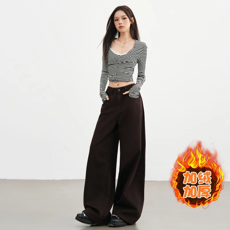 

ZHISILAO новые коричневые широкие прямые джинсы женские повседневные Y2K толстые теплые зимние джинсовые брюки уличная одежда 2025