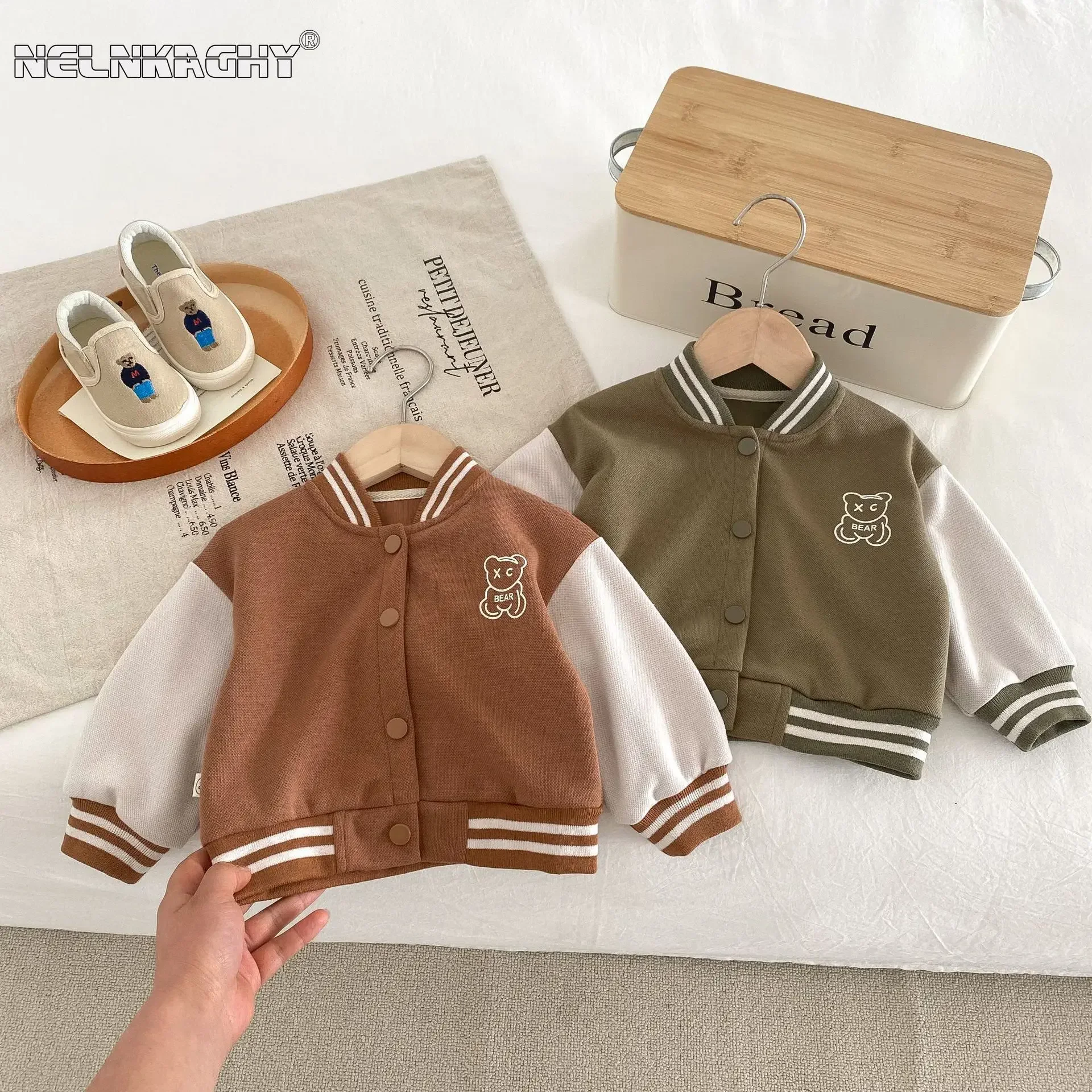 

2024 Spring Autumn Kids Baby Boys Fashionable Baseball Jersey - Children Full Sleeve Patchwork Cartoon Bear Print Top Coat 3M-5Y