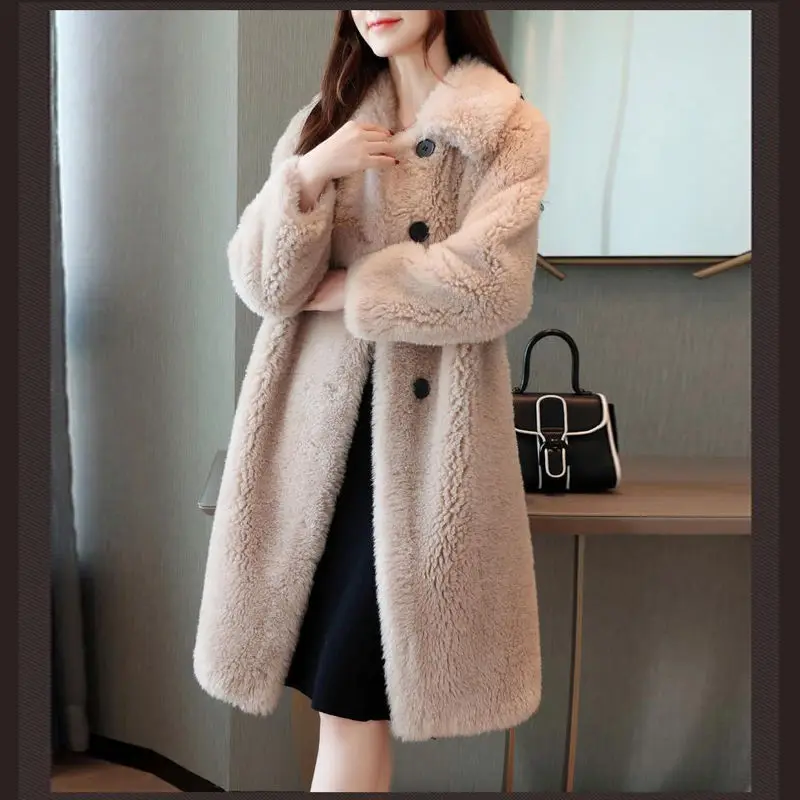 Winter New Women Faux Fur Coat Simple Thicken Warm Lapel Lamb Wool Outwear Mid Length Version Loose Fashion Casual Parkas 2023