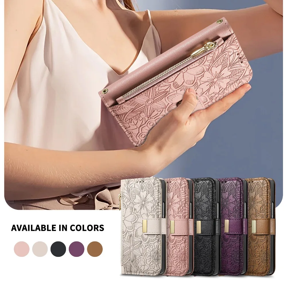 Fashion Embossed Pattern Leather Magnetic Flip Cover for Samsung Galaxy Z Fold 8 Ultra/Z Fold7 8 6 5 with Wallet Card Slots