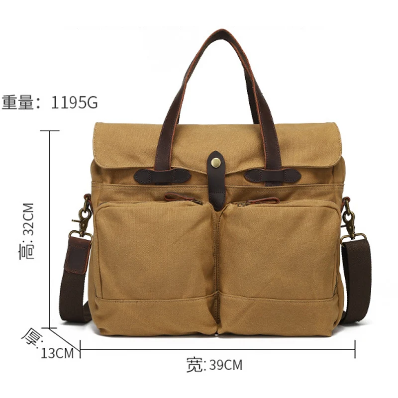 Multi-Pocket Laptop Messenger Bag with Crazy Horse Leather Handles Detachable Shoulder Strap Spacious Bag Waxed Canvas Briefcase