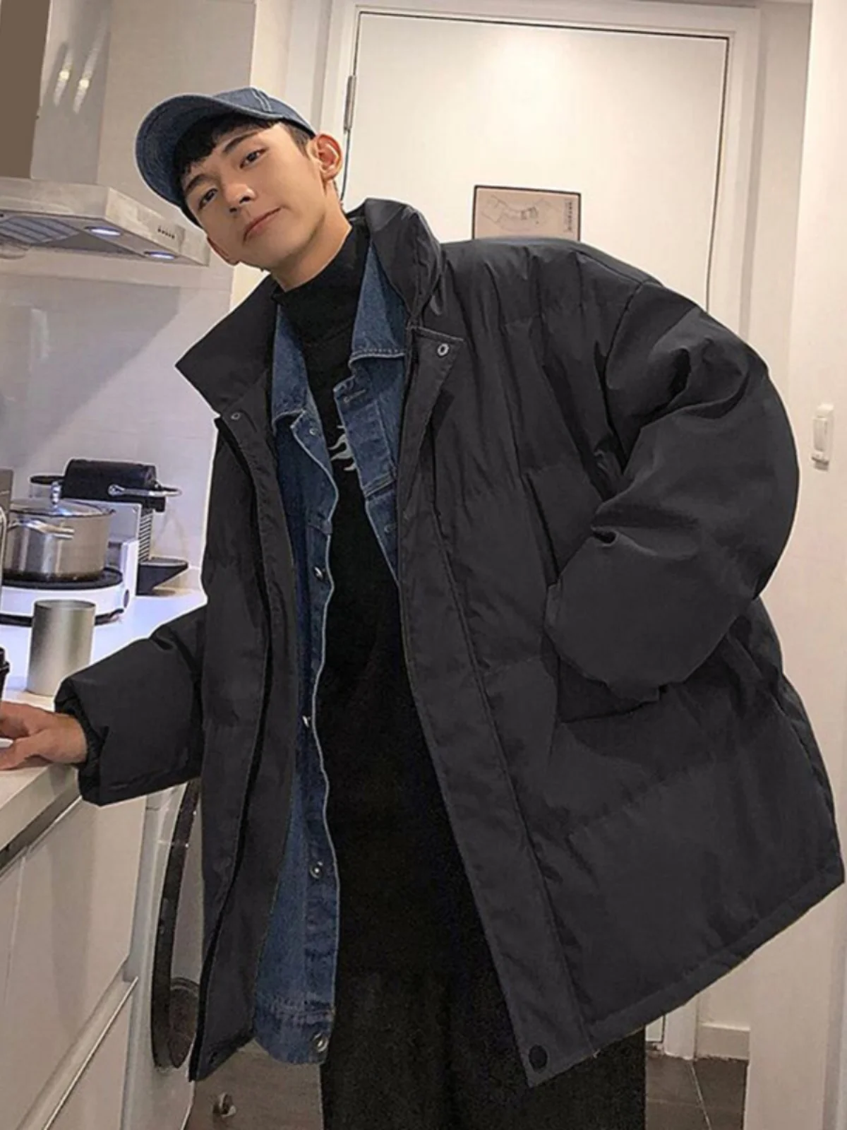 

Мужское джинсовое лоскутное хлопковое джинсовое пальто, зимнее пальто Bread Sle, повседневная верхняя одежда, теплое молодежное модное рабочее пальто