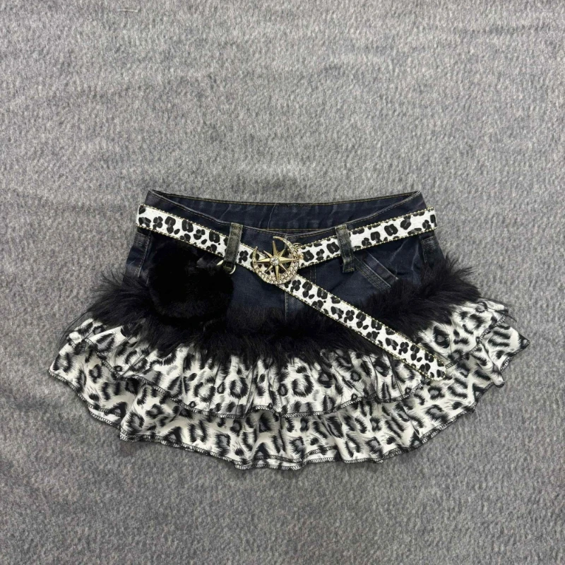 Y2k Aesthetic Lolita Style Denim Skirt Women Vintage Sweet Leopard Print Plush Patchwork Mini Skirts Harajuku Fashion Jk Skirts