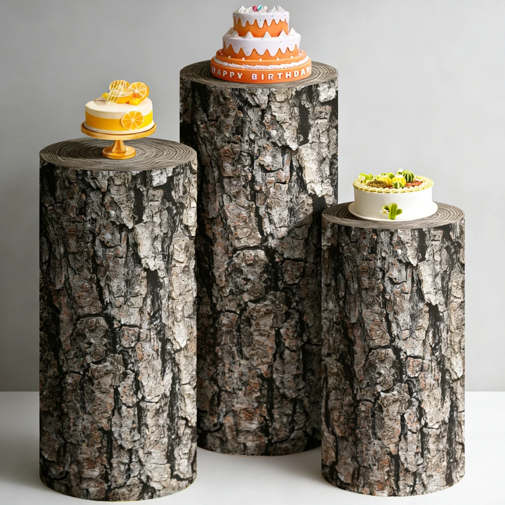 

Dark Cracked Tree Bark Cylinder Pedestal Cover Set 3 Rustic Wedding Backdrop Bachelorette Party Decor Baby Shower Cake Stand