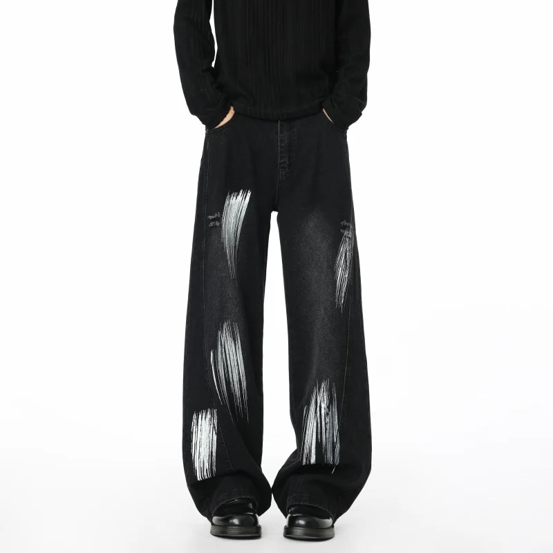 Fashion Men's Gradient Striped Graffiti Wash Design Denim Pants Vintage 2026 Spring Summer High-waisted Straight Jeans Male