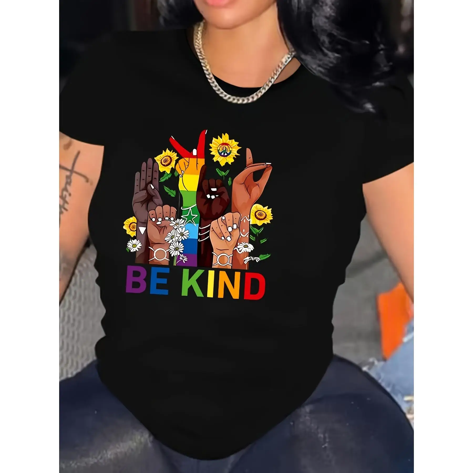 

Women's Inclusion Diversity T-Shirt | "Be Kind" ASL Love Hand Graphic Tee | LGBTQ+ Pride Anti-Racism Gift Top