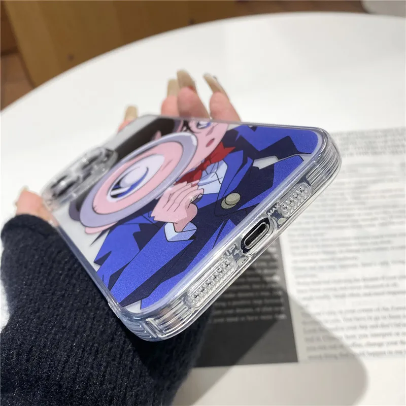 명탐정 코난 거치대 만화 전화 케이스, 아이폰 11, 12, 13, 14, 15 프로 맥스 플러스, 마그네틱 무선 충전, 맥세이프 커버