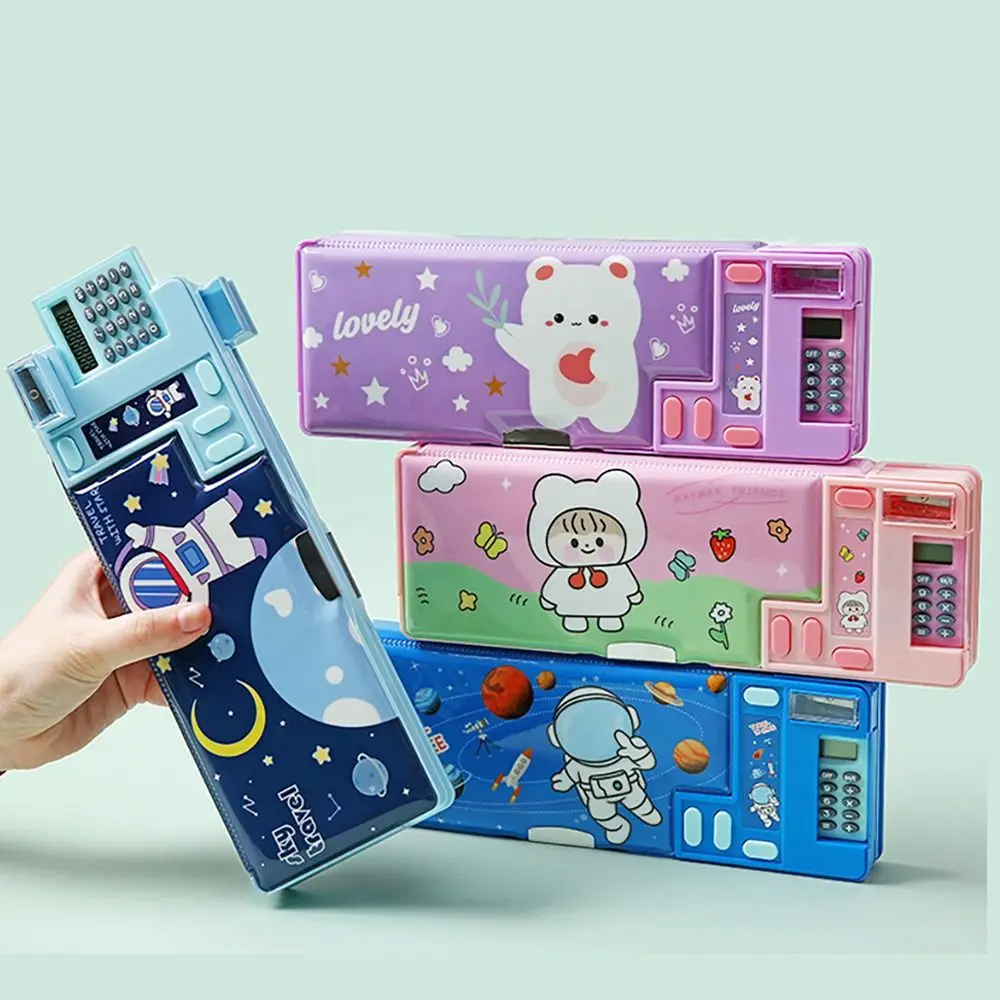 Double Layer Pencil Case With Calculator Pencil Sharpener Pencil Box Plastic Astronaut/Animal Design Stationery Organizer