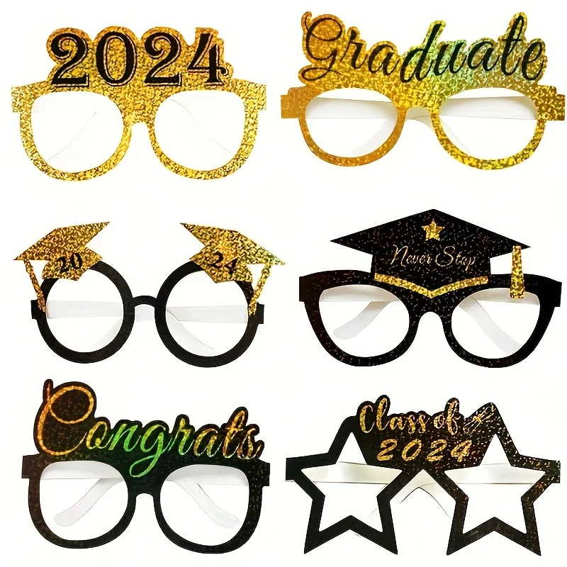 6pcs, Graduation Eyeglasses, 2024 Glitter Fancy Grad Graduation Party Glasses Photo Booth Prop For Graduation Party Decorations