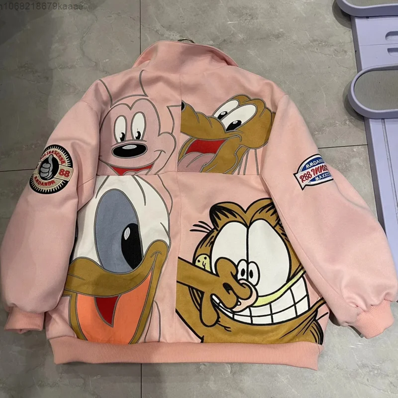 Disney Mickey Donal Bebek jaket bordir gaya Amerika Pria Wanita, jaket katun Retro serbaguna, mantel kepribadian pasangan