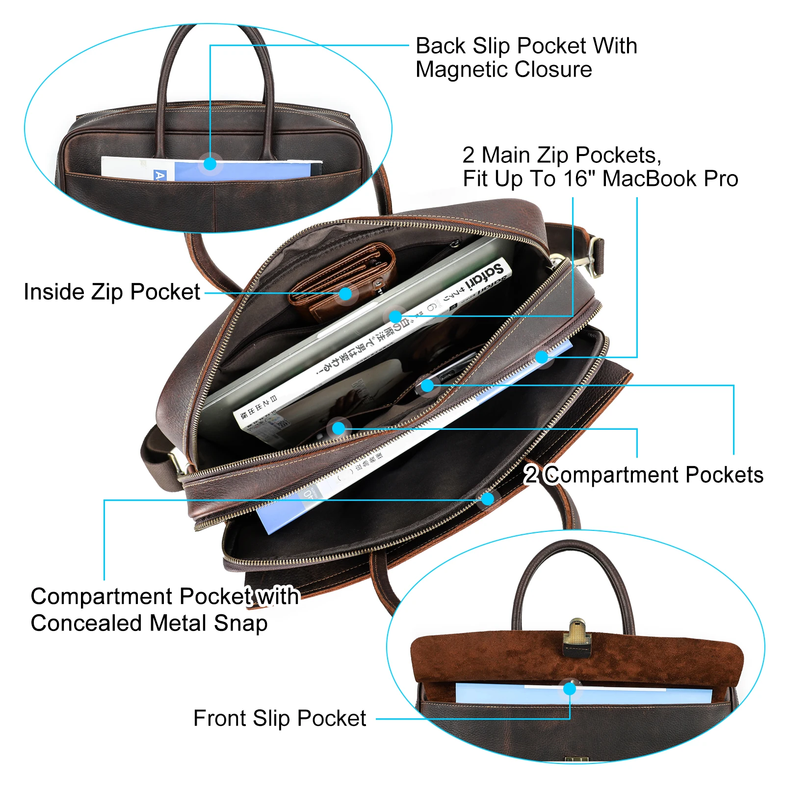 CONTACT'S Borse da lavoro in vera pelle Valigetta da uomo Borsa a tracolla con patta Borsa a tracolla Tote Borsa per laptop per MacBook Pro da 16"