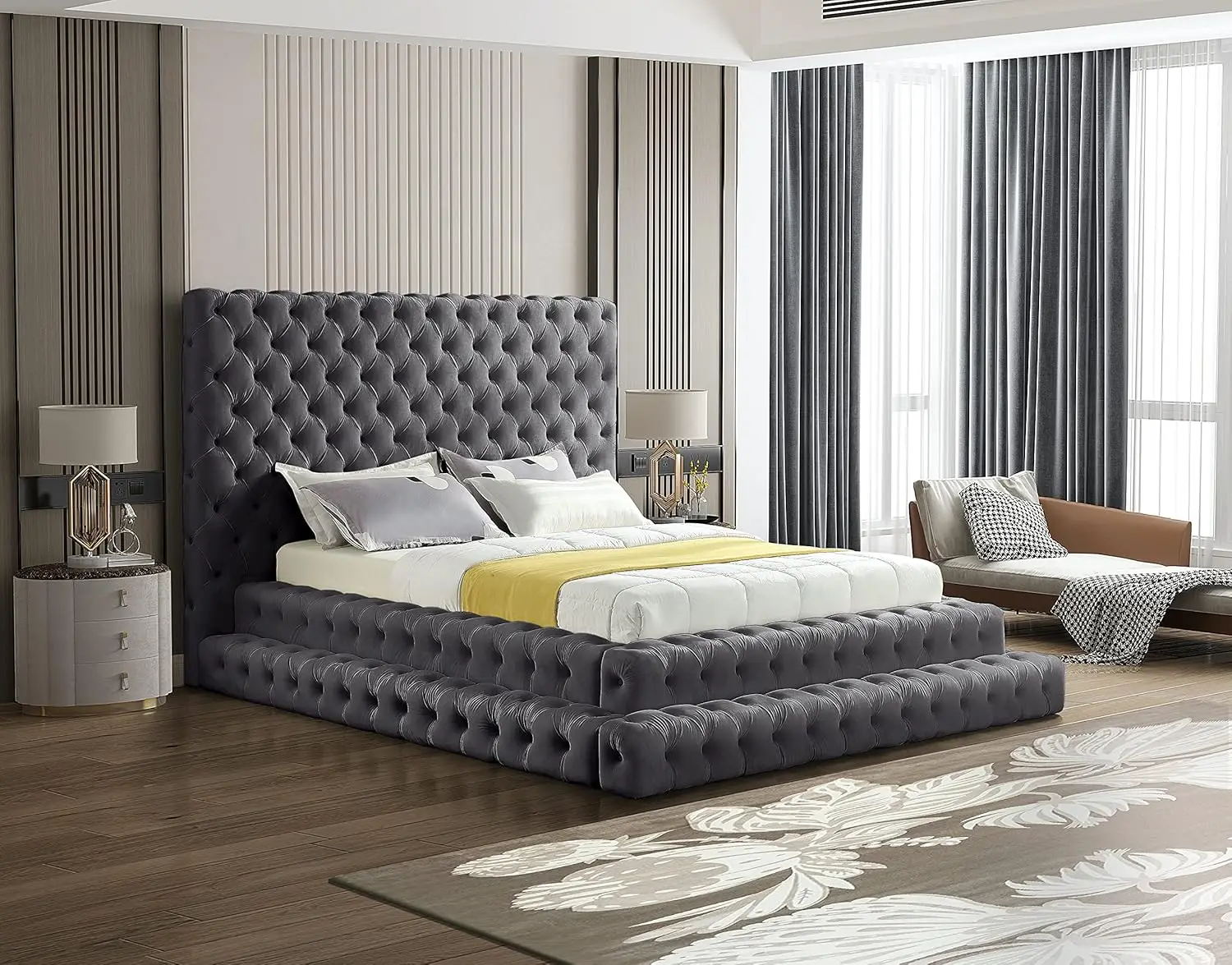 Meridian Furniture Revelgrey-Q Revel Collection Modern | Contemporary Grey Velvet Upholstered Bed With Deep Button Tufting,